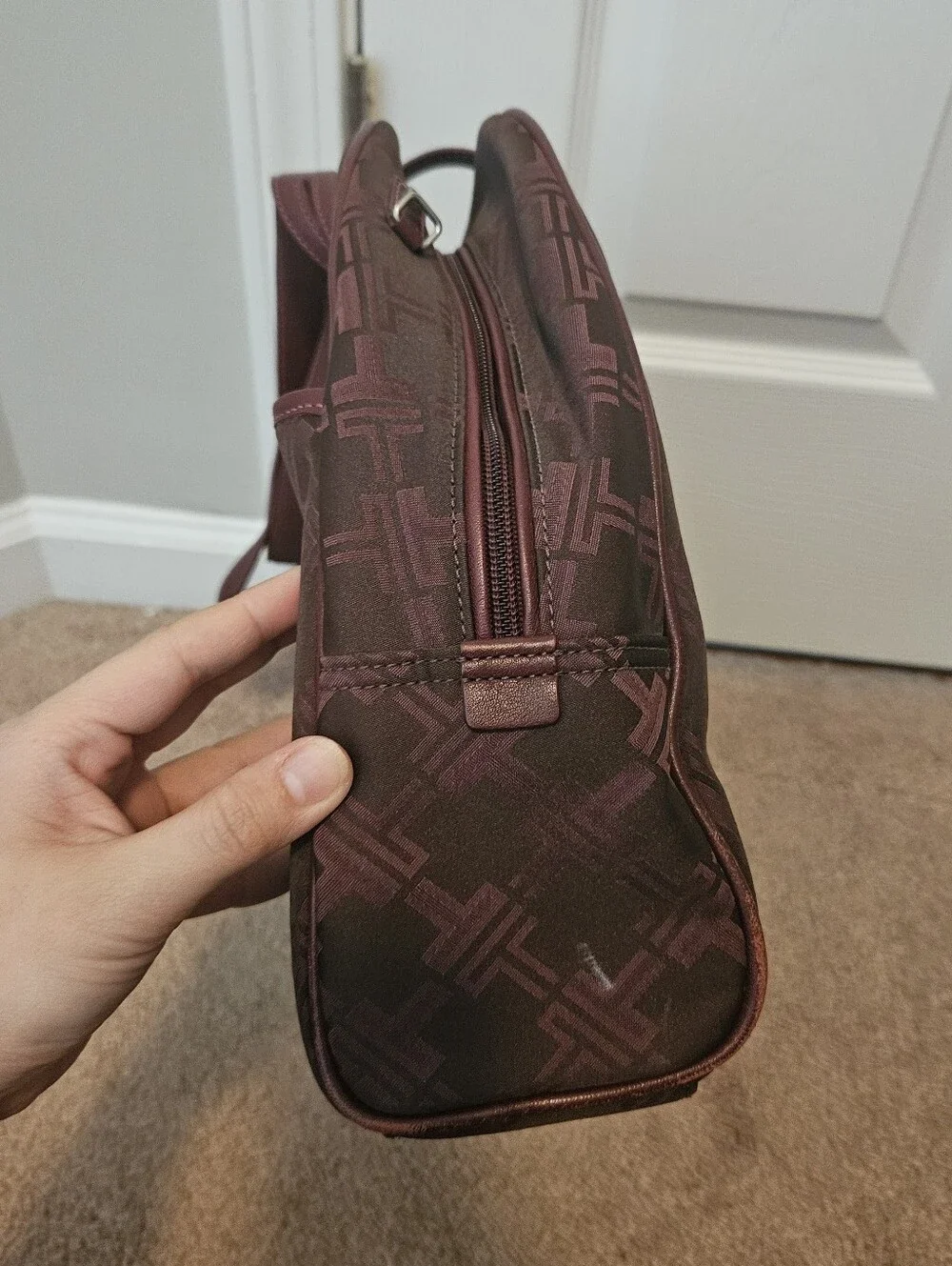 Tumi Signature Monogram laptop tablet tote bag maroon pink lining